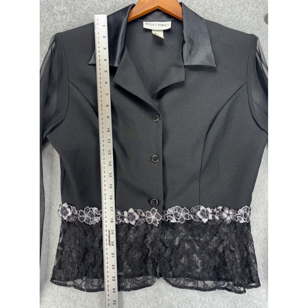 Vintage 80's 90's Sheer Black Top Jacket Lace Silver Metallic Goth Glam size 12 - Picture 12 of 15